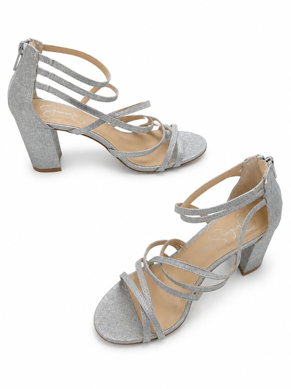 Jessica Simpson Silver Glitter Strappy Block Heel Sandals 8.5 Ankle Strap Evenin